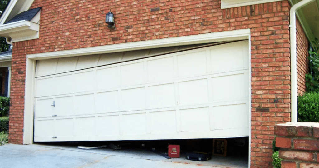 Garage door off track, visibly misaligned.
